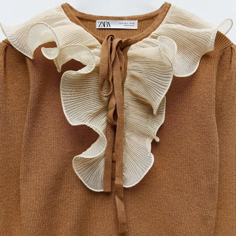 ZARA Knit Top with Ruffle Tie NWT | Brown Long Sleeve Contrast Collar M